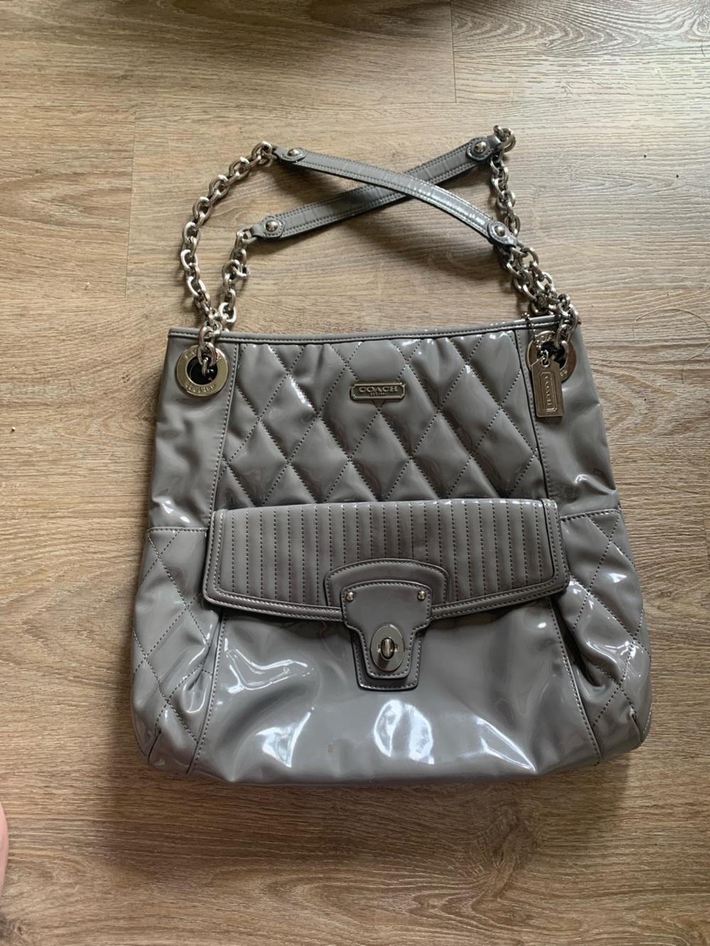 Coach Quilted Patent Shoulder Bag in Taupe Gray